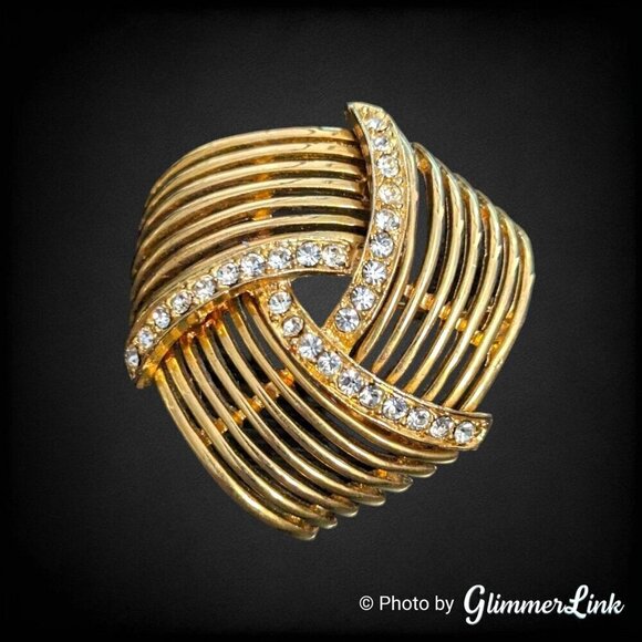 Vintage Striped Openwork Abstract Knot Rhinestone Large Gold Tone Brooch Pin - Picture 1 of 5